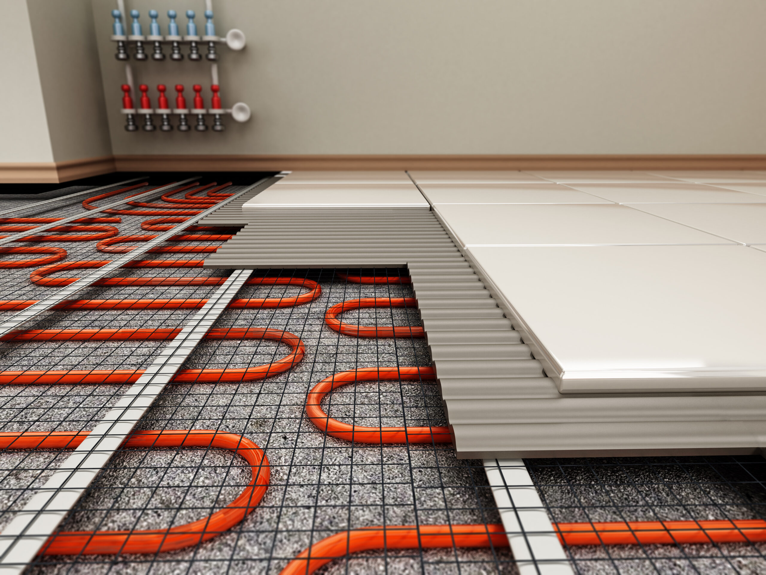 Ground heating system structural detail. 3D illustration.